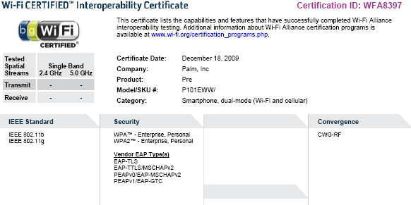 verizon pre certified Unidentified Palm smartphone gets WiFi certification