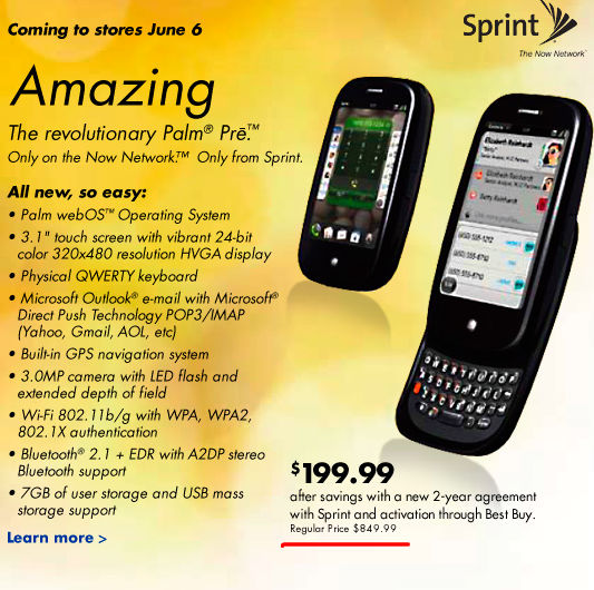 palm pre CDMA Pre   regular price is 850$ 