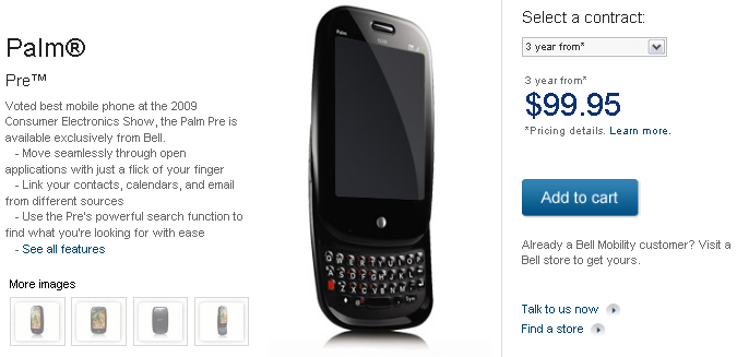 Bell lowers Palm Pre to 100CAD palm pre 100 cad Bell lowers Palm Pre to 100CAD