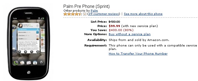palm pre 100$ Amazon lowers Sprints Pre to 100$