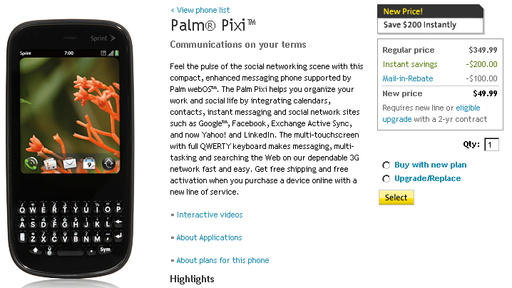 Palm Pixi price drop palm pixi 50 dollars Palm Pixi price drop