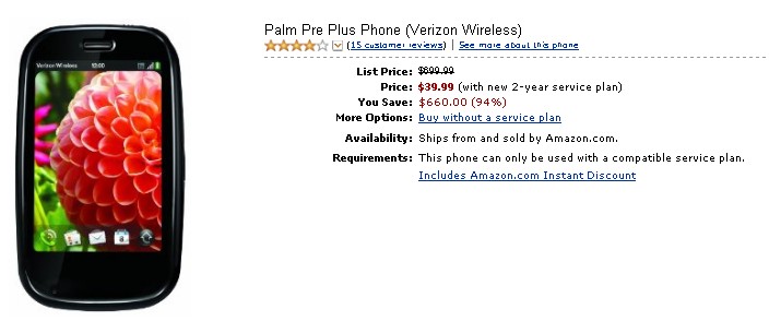 amazon palm pre Palm Pre Plus: significant rebates